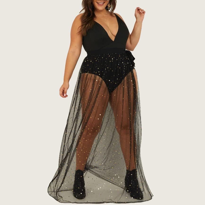 GRAEEN Sheer Mesh Maxi Skirt See Through Slit Skirt Glitter Sheer Sequin Skirts High Waisted Cover Up Skirt - Image 6