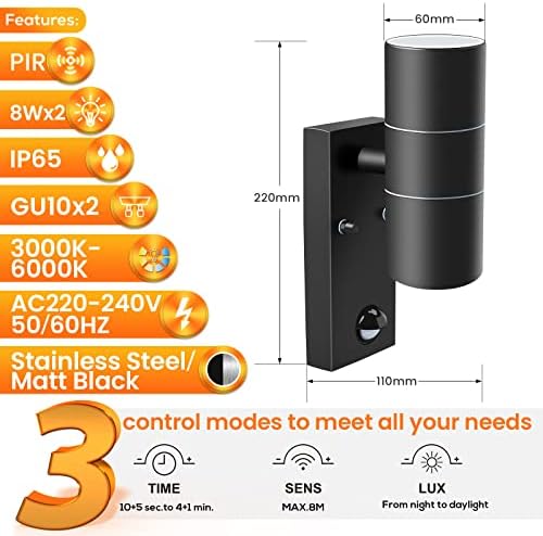 Motion Sensor Outdoor Wall Lights, Stainless Steel Up and Down Light with PIR Sensor, IP65 Waterproof Black Outside Security Light Mains Powered, 2 x 8W GU10 Bulb Included, 3000/4000/6000 Selectable