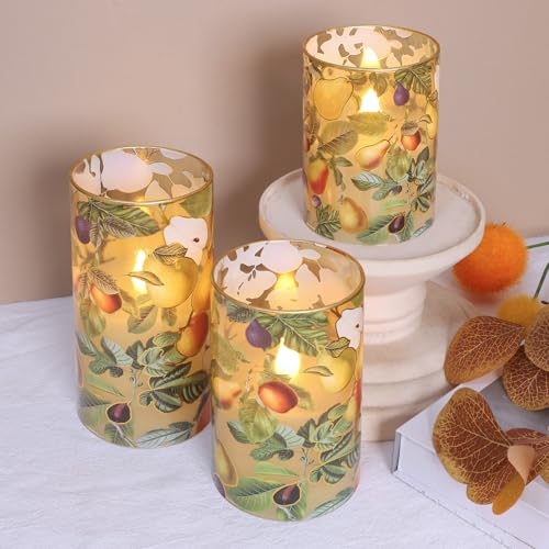 Image of Fall Decor Flameless Candles, Autumn Harvest Berries Led Candles, Glass Battery Candle with Remote Timer, Maple Leaves Pumpkin Pillar Candles for Harvest Festive,Thanksgiving, Halloween