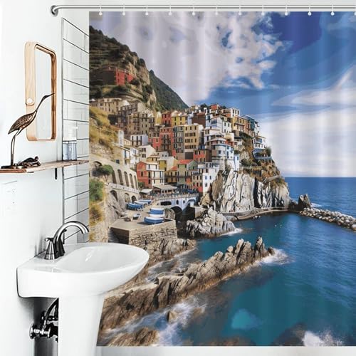 Rideau de douche imperméable Cinque Terre en polyester 143x180 cm avec 12 crochets - 8
