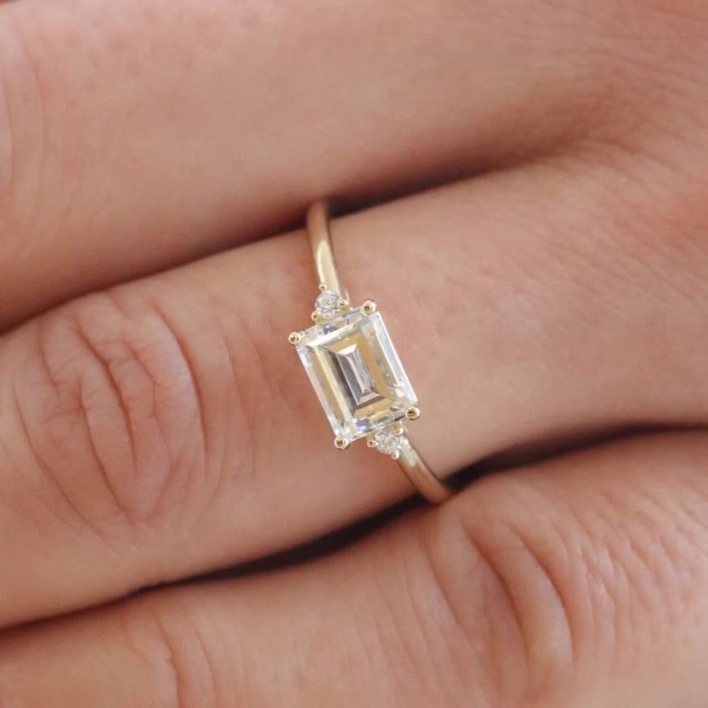 Ssjewel 1.10 Ct Emerald Cut East West Diamond Delicate Dainty Fancy Solitaire Engagement Rings For Women 14K Yellow Gold Plated 925 Sterling Silver Handmade Elegant Modern Women Jewelry Gift For Her