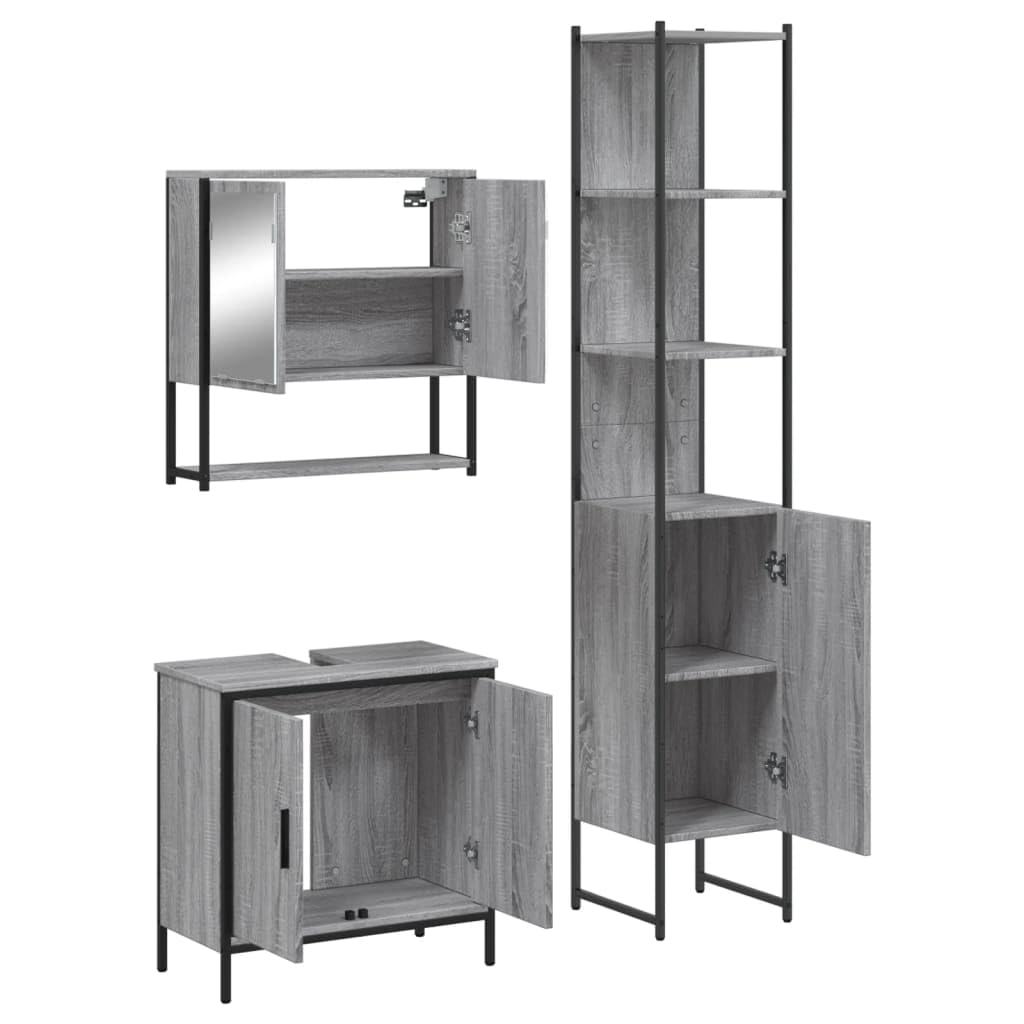 3-TLG. Badmöbel-Set Grau Sonoma Holzwerkstoff mit Spiegelschrank und Waschbeckenunterschrank, viel Stauraum, wandmontierbar, klare Glas-Spiegelfläche für Make-up und Rasur