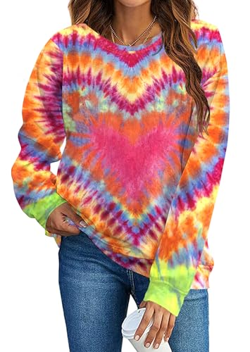 JINTING Tie Dye Sweatshirts for Women - Valentines Days Heart Shirt Love Vibes Long Sleeve Pullover Tops