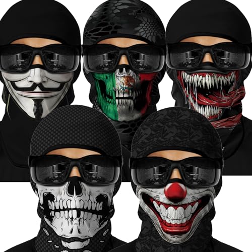 Image of Red Plume 5PCS Ghosts Skull Print Balaclava Full Face Ski Mask UV Protection for Motorcycle Riding Outdoor Sports Men & Women