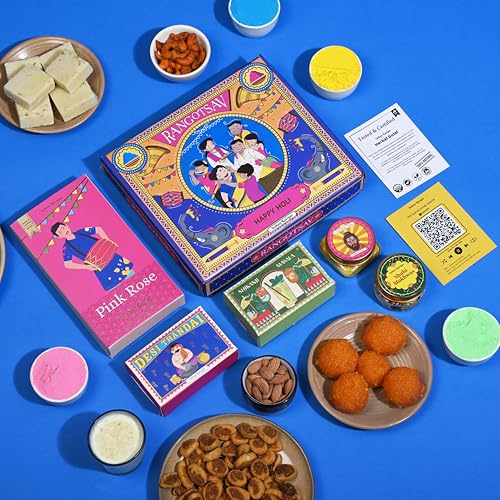 Image of Indian Karigar Rangotsav Box 2026 | 9 Inclusions | Holi Gulal for Holi Colour 80g | Thandai Powder + Shikanji Powder + Mukhwas & More | Organic Skin Safe Holi Colors With Certificate & Greeting Card | Herbal Gulal Holi Gift Hampers (Rangotsav Holi Gifts)