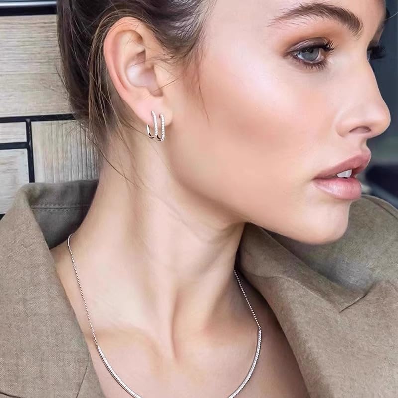 925 Sterling Silver Gold Diamond Hoop Earrings for Women Teens, Hypoallergenic Small Dainty CZ Square Huggies Paperclip Earring, U Hoop Earrings Minimalist3