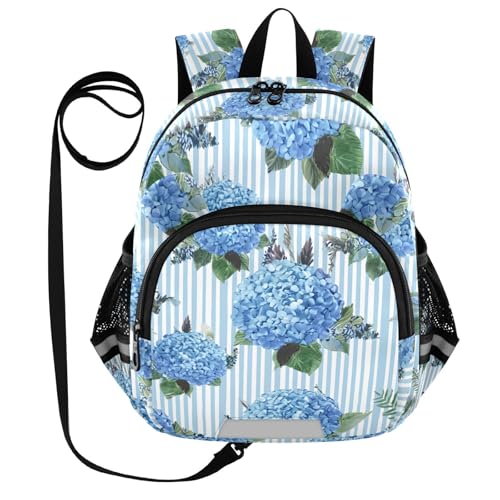 Hydrangea Stripe Floral Toddler Harness Backpack for Boys Girls 3-6 Years Kids Backpack with Anti Lost Safety Leash Baby Travel Bag for Preschool Walking Travel