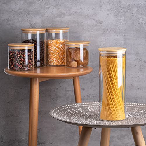 Yuncang Glass Storage Jars [Set Of 5],Clear Glass Food Storage Containers With Airtight Bamboo Lid Stackable Kitchen Canisters For Candy,Cookie,Rice,Sugar,Flour,Pasta,Nuts And Spice Jars #TOP1