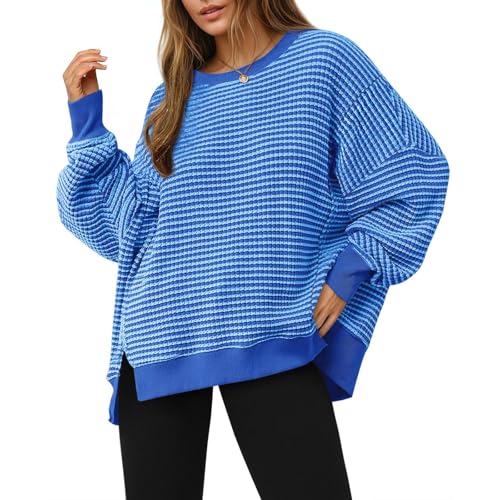 Striped Sweatshirt for Women Crewneck Long Sleeve Split Pullover Tunic Tops - image 1