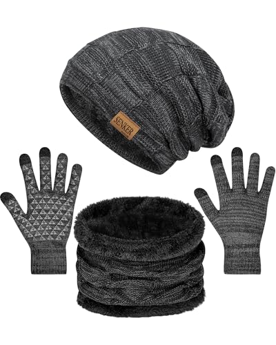 Senker Fashion Winter Hats Scarf and Gloves Set for Men Women, Slouchy Beanie Cap Neck Warmer Screen Touch Gloves Gifts Black Grey