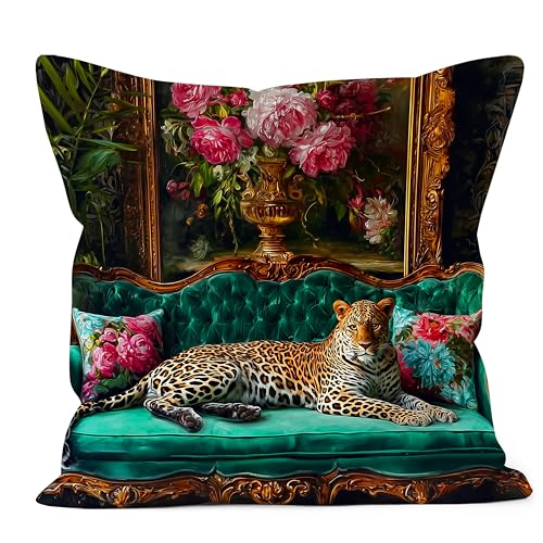 WDSFHYJK Emerald Green Leopard Pillow Cover 18x18 for Women Teen Girls, Maximalist Eclectic Cheetah Dopamine Decorative Throw Pillow Case for Home Bedroom Dorm Apartment