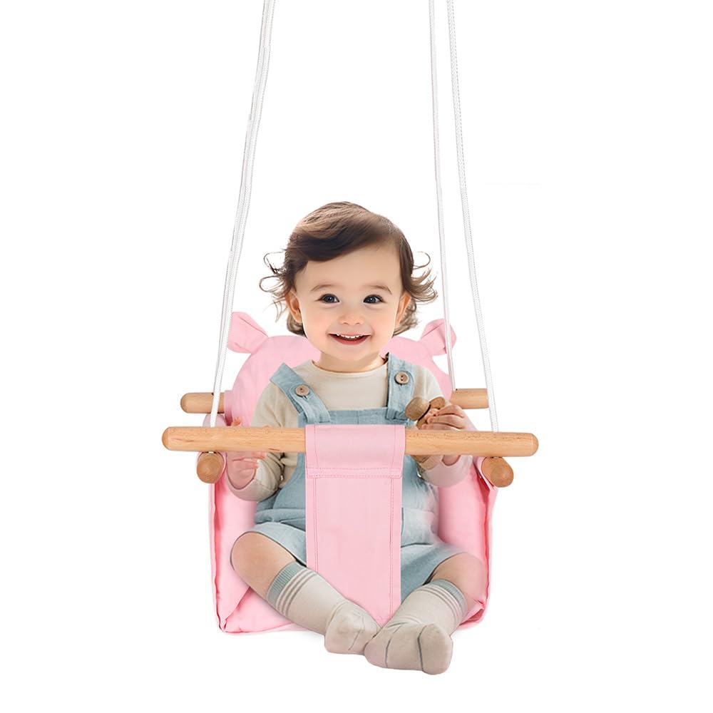 Columpio de bebé de madera ecológico con bolsillo de oso de algodón, transpirable, correa de seguridad ajustable, carga máxima 25 kg, instalación multisoporte para interior y exterior (rosa)