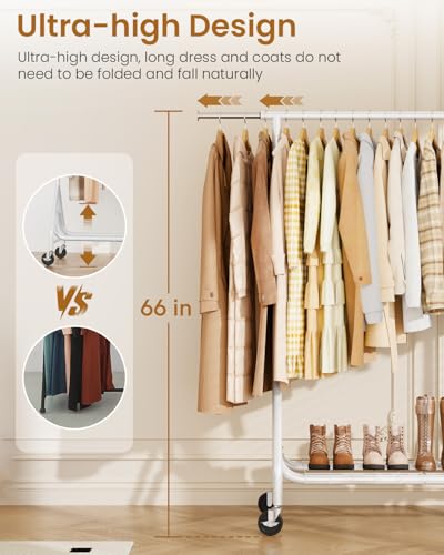 Image of Heavy Duty Clothes Rack, Metal Clothing Rack Load 450 LBS, Rolling Coat Racks for Hanging Clothes with Lockable Wheels, Wardrobe Closet Garment Racks for Bedroom, White