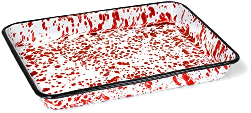 Red Co 11 x 9 Enamelware Metal Classic 2 Quart Rectangular Serving Tray Red MarbleBlack Rim Splatter Design