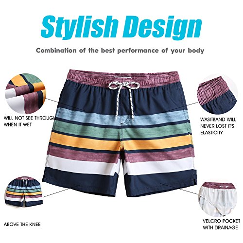 Maamgic Mens Quick Dry Striped Swim Trunks With Mesh Lining Swimwear Bathing Suits, Navy Blue, X-Large(Waist-32"-34") #TOP2