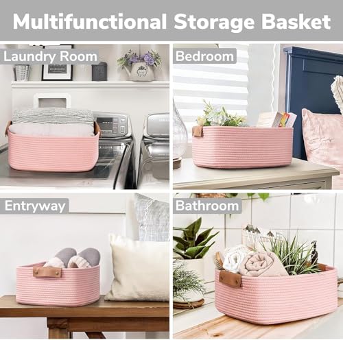 Image of ☆LBY Rectangle Cotton Rope Woven Basket with Handles for Books, Magazines, Toys - Ideal Gift Decorative Basket for Baby Nursery, Living Room (pink, small 10 x 6 x 4 inch)