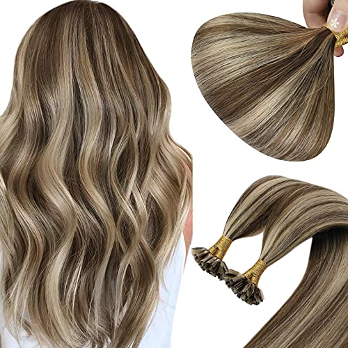Sunny Highlights U Tip Hair Extensions Human Hair Brown with Blonde Highlights U Tip Human Hair Extensions Pre Bonded U Tip Brown Hair Extensions Hot Fusion U Tips Hair 20inch 50g/50s