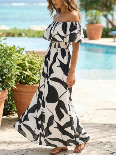 Image of CUPSHE Women Ruffle Floral Maxi Summer Dress Off Shoulder Short Sleeve Backless Flounce Bodice Slit Hem Beach Dresses