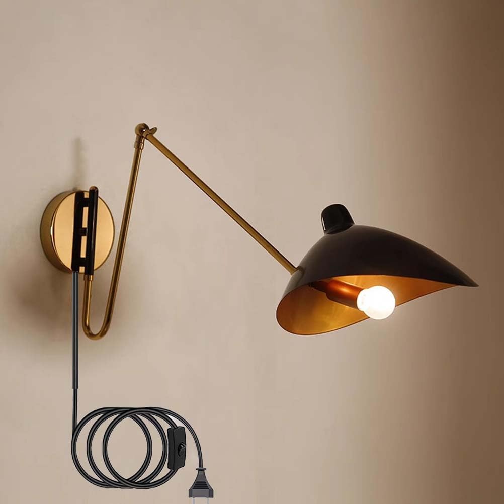 AoLa Schwenkarm Wandleuchte Verstellbar Lange Arm Nachttischlampe mit Schalter und Stecker 360° Drehbare Wandlampe E14 mit Kabel Vintage Metall Arm Leselicht für Schlafzimmer Wohnzimmer Büro,58CM