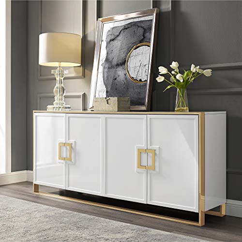 Inspired Home Sideboard - White | Design: Daryl | 4 Doors | Polished Gold Handle And Leg Tip #TOP14