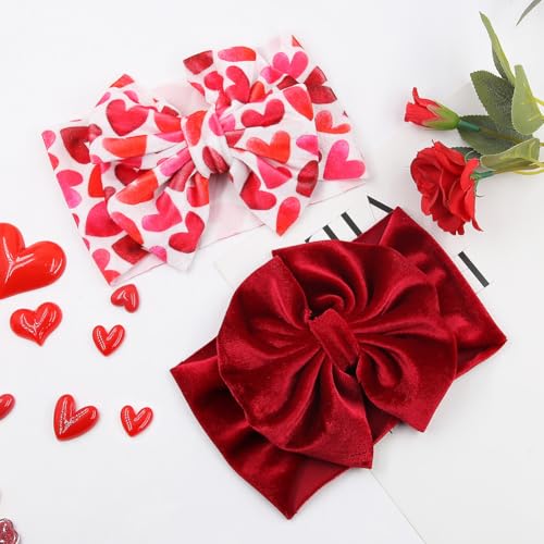 Valentines Bow Headband for Baby Girls Pink Red Love Heart Hair Bow Hairband Toddler Kids Velvet Bowknot Headwrap Stretchy Wide Turban Hair Accessories TSFD61 (Red Heart Set, Onesize)2