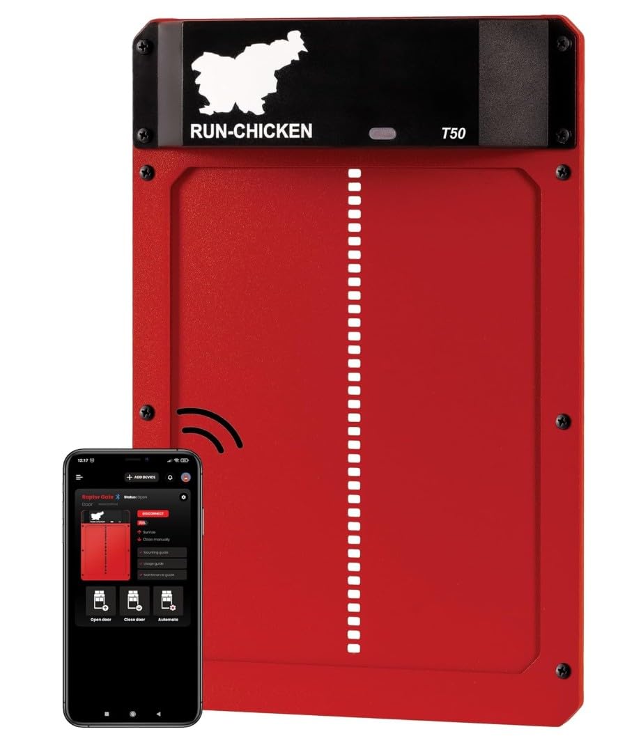 RUN-CHICKEN Tür T50 – automatische Hühnerklappe aus Aluminium, batteriebetrieben & wetterfest, App- & Timer-Steuerung, raubtiersicher, einfache Montage, zuverlässige Ganzjahresleistung (Rot)