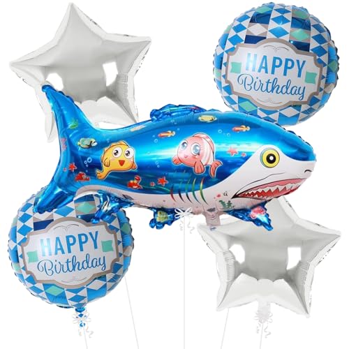 Image of Rozi Decoration Shark Theme Foil Balloon Set with Happy Birthday Balloons, Blue Shark Shape Balloon and Star Balloons for Birthday Decoration, Kids Party and Ocean Theme Decor Pack of 5 Pcs