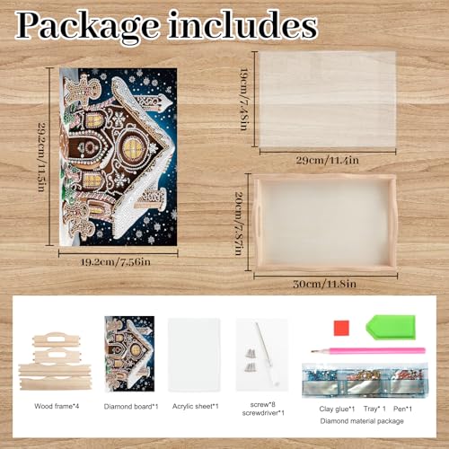 Image of Christmas DIY Diamond Art Tray with Handle Special Shaped Diamond Art Plate Creative Design Handmade Wooden Tray Mosaic Making Kits by Number Kits DIY Crafts Gift for Xmas Organizer (Christmas House)