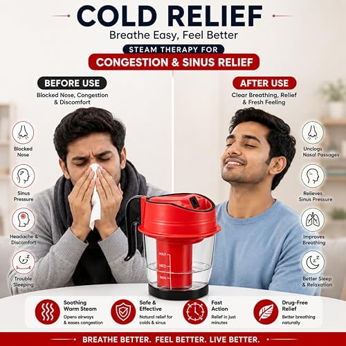 Image of Facial Steamer Vaporizer for Instant Cold and Cough Relief (Red)