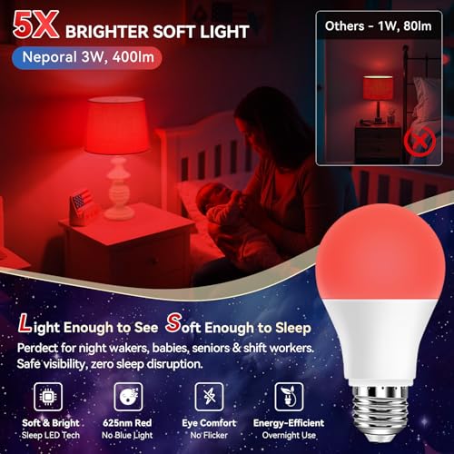 Image of Neporal 625nm Red Light Bulbs for Sleep 3W, 100% Blue Light Blocking Bulbs for Melatonin Promote, A19 40W Eq. Soft Red Night Light Bulb for Sleep, Read, Baby Nursery 2PK (White When Off, Red When on)