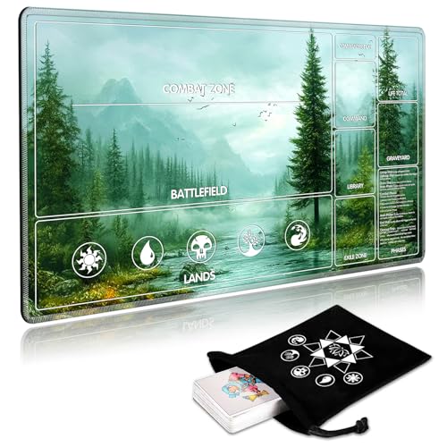 Image of for MTG Playmat with Card Storage Bag,Non-Slip Rubber Base & Smooth Surface 35.4x19.7in,Beginner-Friendly Magic Mat for Commander Deck,Foggy Forest Green
