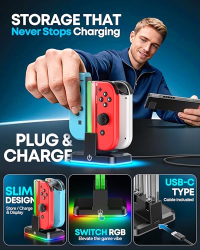 Image of Switch Joycon Charger for SW 1 Model with 9 RGB Light Modes, Switch Controller Charger Stand with LED Indicators, SW Charging Dock Station for 4 Joycon Charging