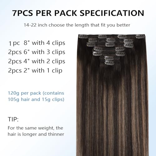 Image of COOKAYU Clip in Hair Extensions Real Human Hair, Balayage Dark Brown to Medium Brown 2 /6 /2 Remy Human Hair Clip in Extensions, Natural Human Hair Extensions Clip ins, 20inch 120g 7Pcs
