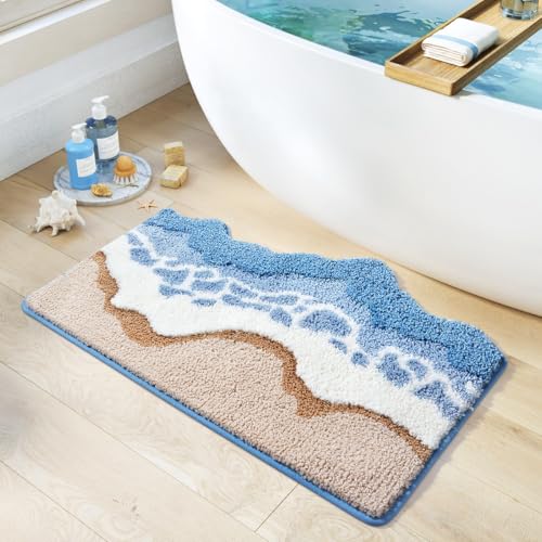MGULEEYI Blue Ocean Wave Bath Mat, Cute Funky Bathroom Rugs