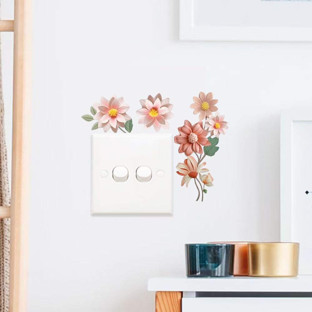 3 Pièces Interrupteu Décoratif Stickers Floral Autocollant en PVC Décoration Murale en Forme de Fleur pour Salon Chambre Salle Bains Cuisine Bureau