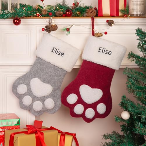 Personalized Dog Christmas Stocking, Pet Christmas Stocking for Dogs Cats, Customized Christmas Ctockings with Name Paw & Bone Shape Dog Cat Stocking (Style 1)