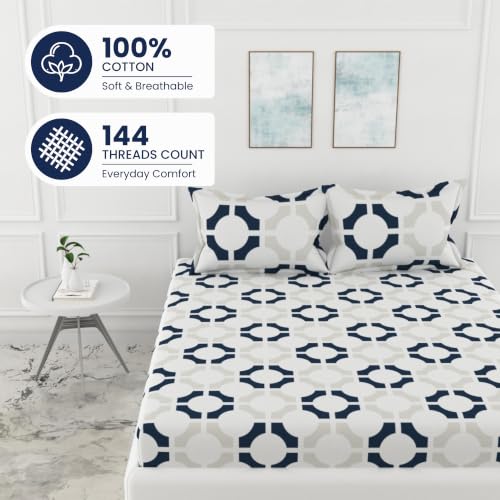 Image of LORETO - A QUALITY LINEN BRAND 144 TC 100% Pure Cotton King Size Fitted Bedsheet with 2 Pillow Covers for 72 x 72 Inch Mattress, All-Around Elastic, 8 Inch Deep Pocket, Colonial Blue Matrix