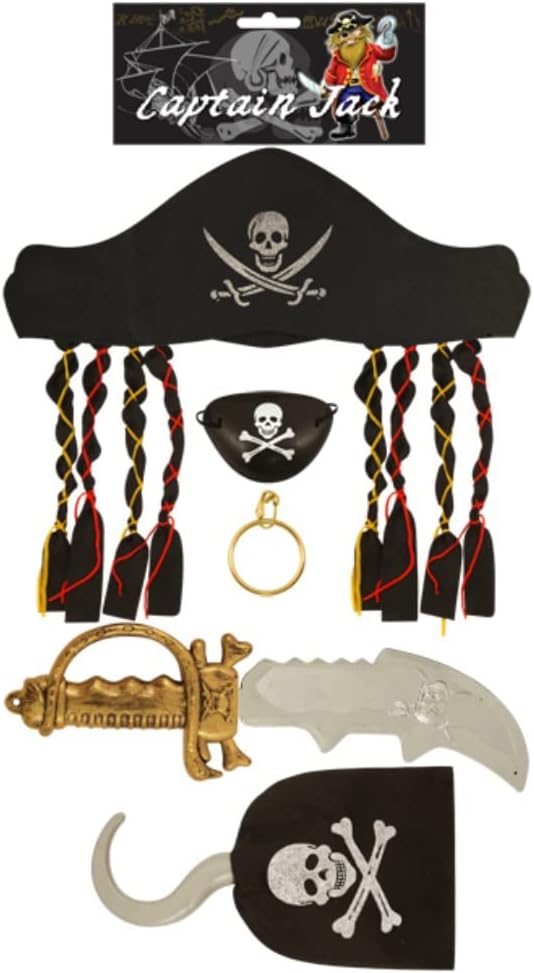 Pirate Set with Dagger, Eye Mask and Hook Costume Party Supplies (Black),Kid
