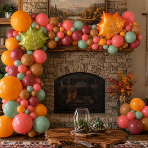 Image of Sage Green Orange Balloons with 2 Pcs Big Maple Leaves Acorn Balloons | 12 Inch Fall Burgundy Pink Brown Latex Balloons for Thanksgiving Baby Showers Birthdays Autumn Harvest Party Decorations