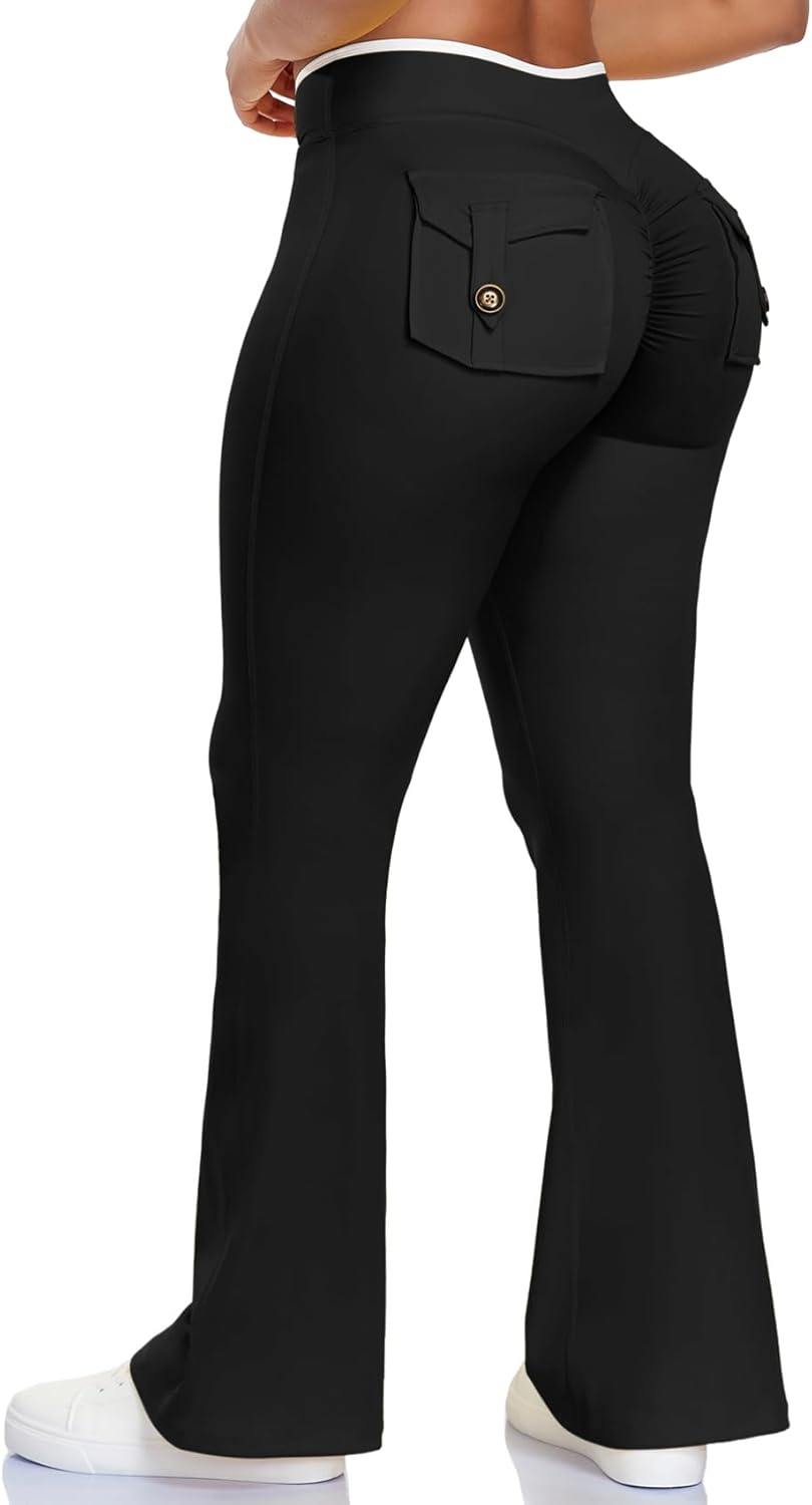 SEASUM V Wasist Flare Leggings with Pockets for Women White Trim Scrunch Workout Leggings Butt Lifting Gym Yoga Pants - Image 4