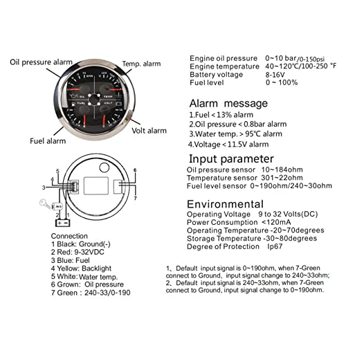 4-Zoll-Messgerät Universal 4-Zoll-85-mm-Messgerät Multifunktions-Heizöldruck-Temp-Volt-Messgerät DC8-16 V für Auto Wohnmobil Boot Motorrad 4-Zoll-Messgerät Un