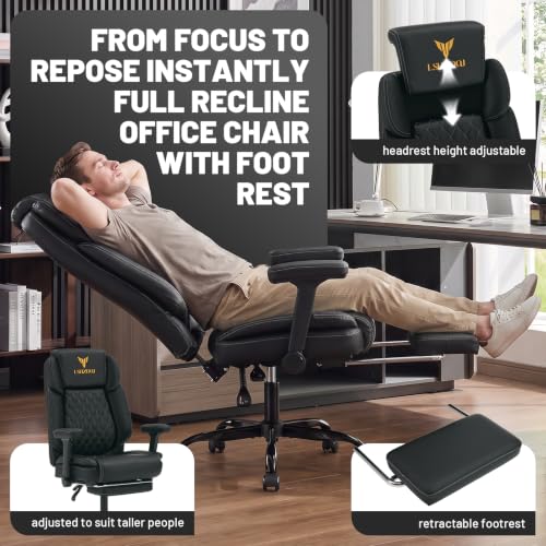 Image of Big Tall Office Chair with Footrest, PU Leather Executive Desk Chair Black