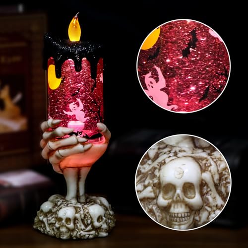 Image of Eldnacele Halloween Snow Globe Candles Lighted Lamp USB Powered Battery Operated Spooky Spinning Water Glittering Tornado Flameless Candles Skeleton Hand Holder Halloween Centerpiece Decor(Ghost)