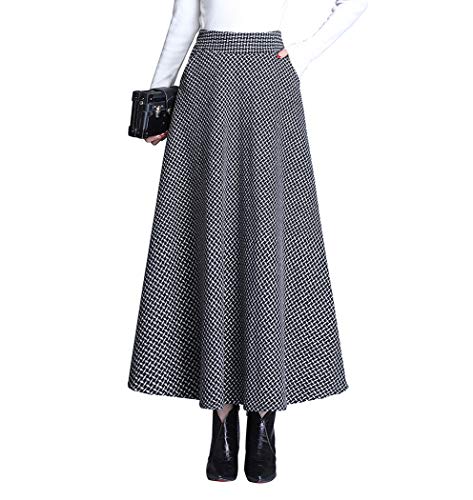 Artykey Jupe Longue Femme Hiver Vintage Élégant Taille Haute Carreaux Taille élastique Maxi Jupe Laine Chaud A-Line Plissée Jupe Casual Party B Black L