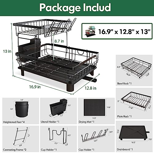 MAJALiS Dish Drainer Rack, 2 Tier Dish Drainer with Drip Tray and Drainer Mat, Stainless Steel Dish Rack with Utensil Holder, Swivel Spout, Draining Board for Kitchen Counter, Black - Image 6