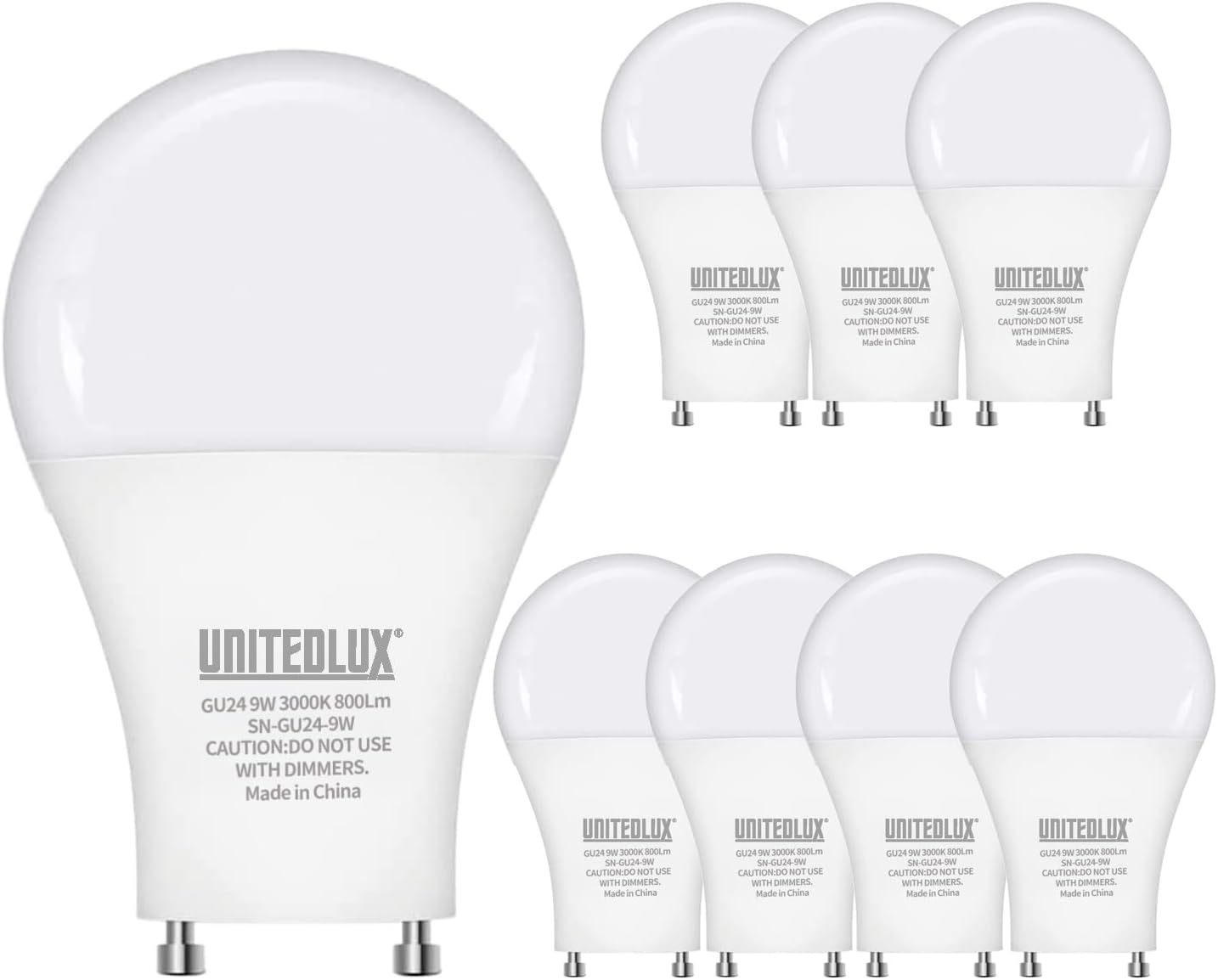 GU24 LED Light Bulb, 3000K Warm White, 9W(60W Equivalent), 800 Lumens, A19 Shape, Twist and Lock GU24 Pin Base with Two Prongs, Non-Dimmable, UL ETL Certificated (3000K Warm White, 8Count)