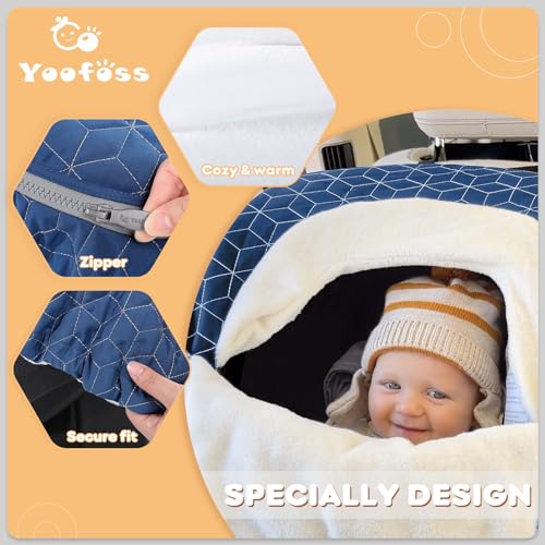 Image of Yoofoss Baby Car Seat Cover - Winter Carseat Canopy Protects Baby from Cold Wind, Super Warm Plush Fleece Carrier Cover for Infant Boys & Girls (Blue)