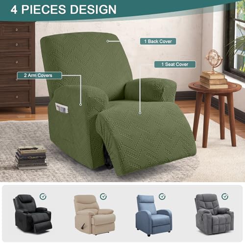 Image of Ruaozz Recliner Chair Covers 4-Pieces Oversized Recliner Slipcovers Extra Large Stretch Reclining Chair Slipcover Washable Furniture Protector with Elastic Bottom (1 Seater-X Large, Army Green)