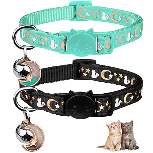 2 collares de gato con campana, lindos gatitos que brillan en la oscuridad, collares ajustables para gatitos de 7.9 a 13.0 pulgadas (verde azulado y negro)