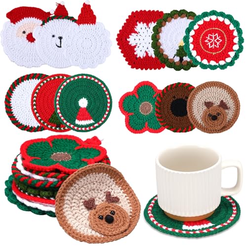 SmoothNovelty 12 Pcs Christmas Coasters Crochet Xmas Elk Coaster 4